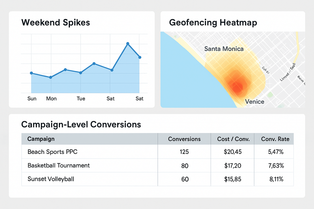 Analytics dashboard mockup with weekend spikes, geofencing heatmaps, and campaign-level conversion tables