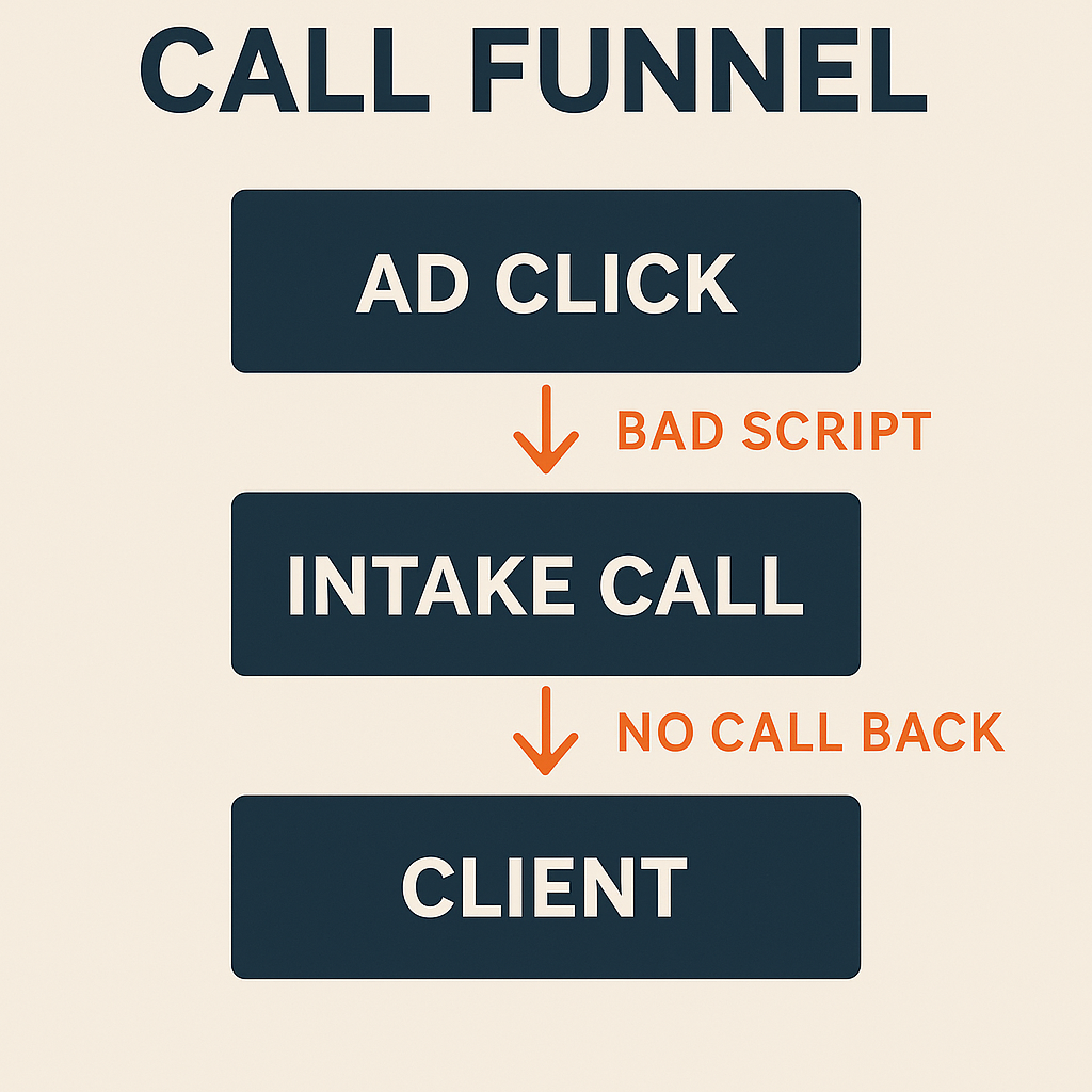 Call funnel graphic with broken arrows showing drop-off points like bad script and no call back