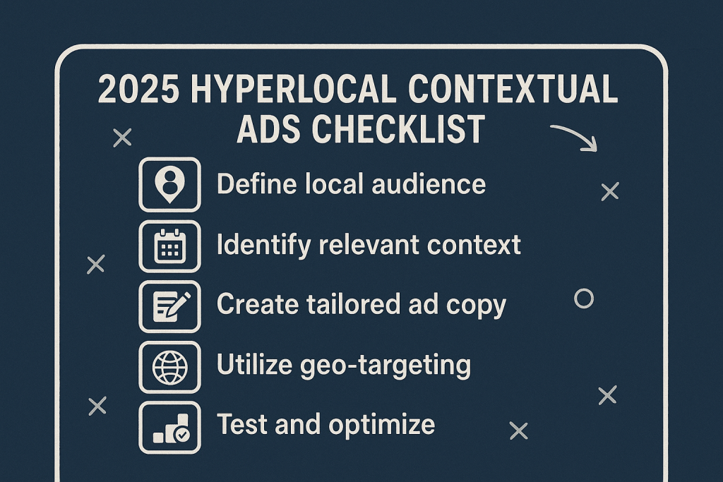 Checklist graphic titled “2025 Hyperlocal Contextual Ads Checklist” with icons for each of the 5 steps.