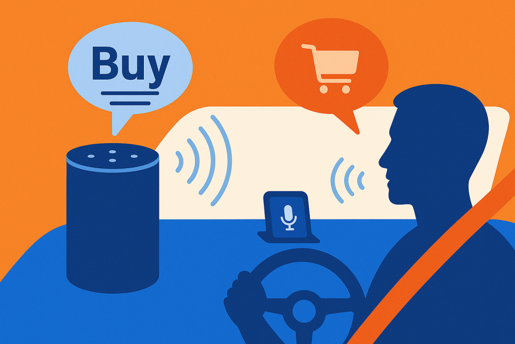 Concept illustration of voice commerce via smart speaker + car assistant
