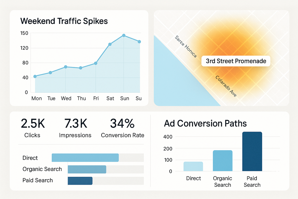 Dashboard mockup showing weekend traffic spikes, heatmap overlays, and ad conversion paths