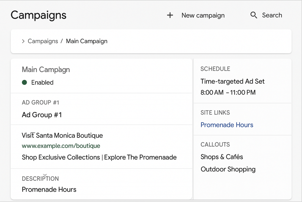 Google Ads UI mockup showing time-targeted ad set with custom sitelinks and callouts for 'Promenade Hours'