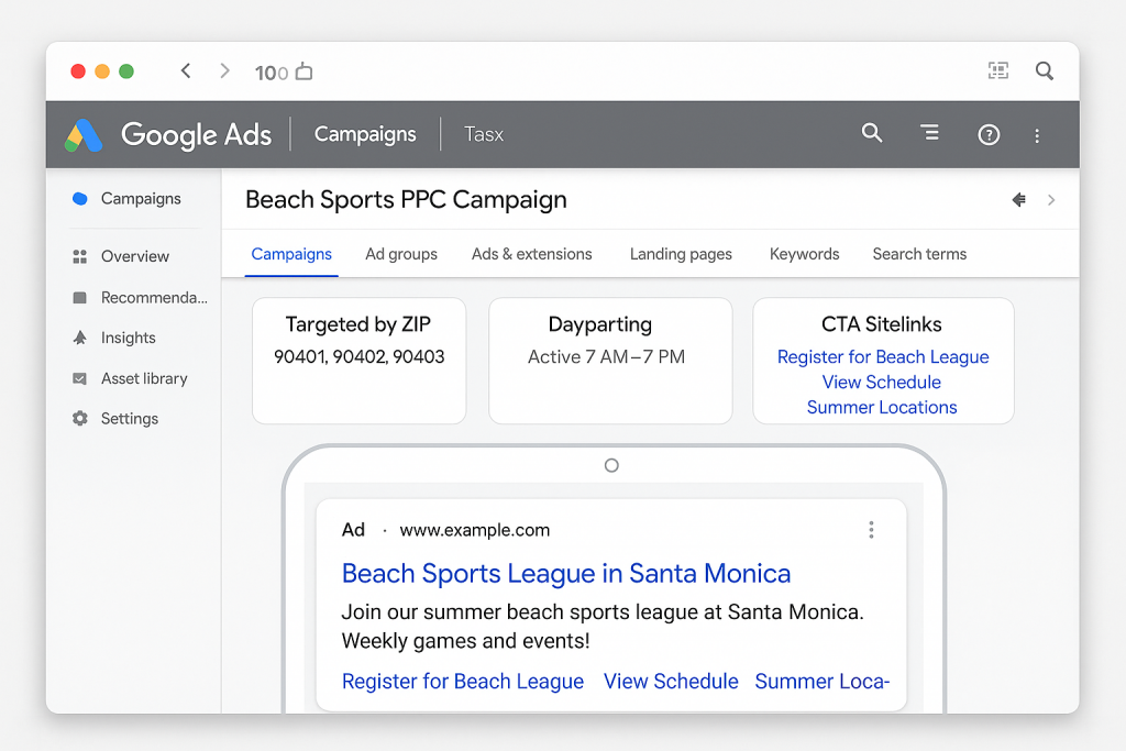 Google Ads interface showing campaign targeted by ZIP, dayparting, and CTA sitelinks like 'Register for Beach League'