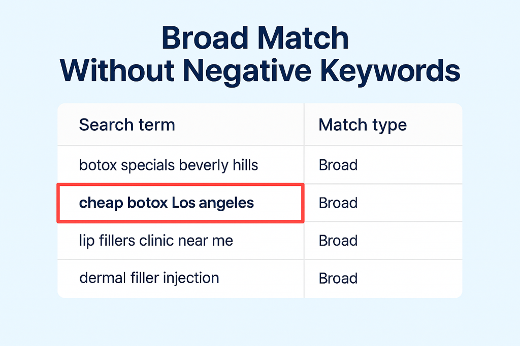 Google Ads search term report with irrelevant queries highlighted