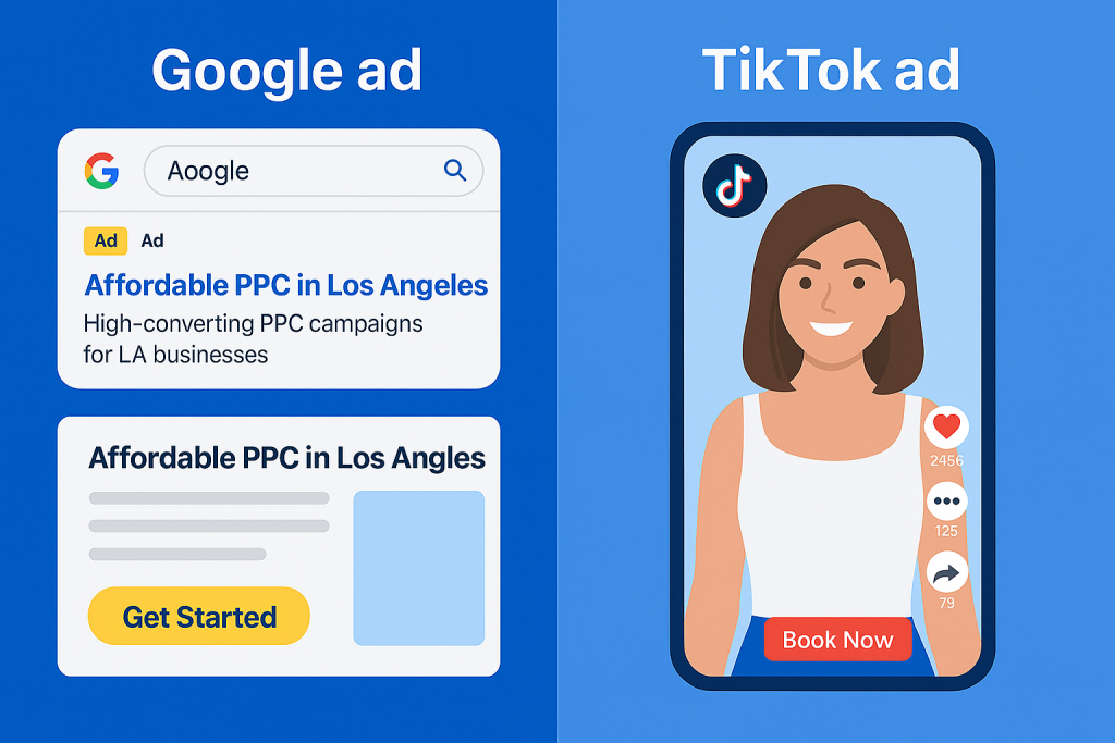 Grid showing ad examples — Google text + landing page vs TikTok video ad