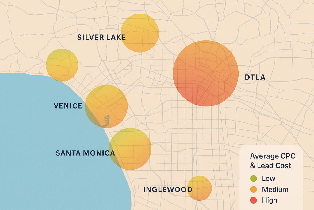 Heatmap of LA with CPClead overlays (Silver Lake, DTLA, Venice, Westwood, etc.)