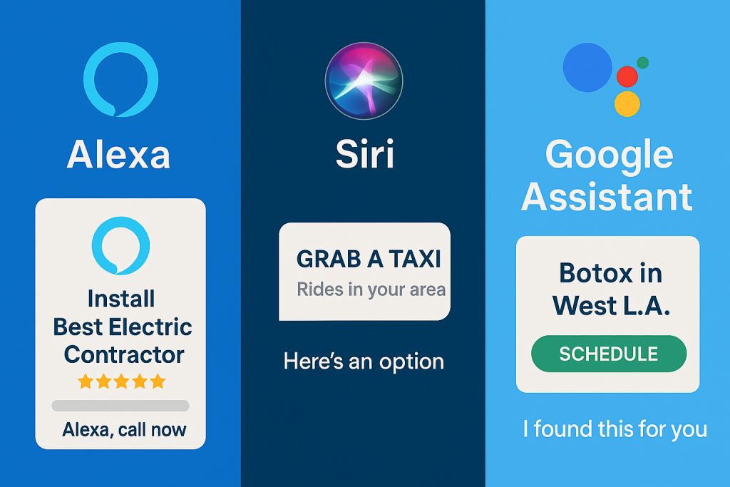 Icons of each voice assistant with examples of how ads surface in each