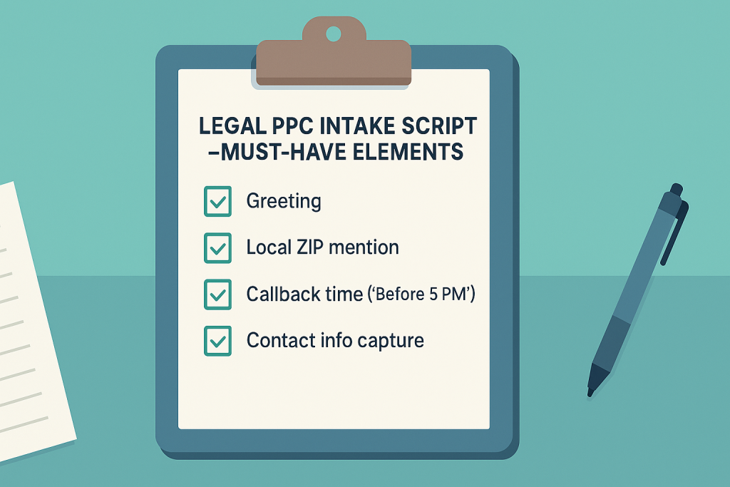 Intake script PDF mockup titled “Legal PPC Call Script – Beverly Hills Template”