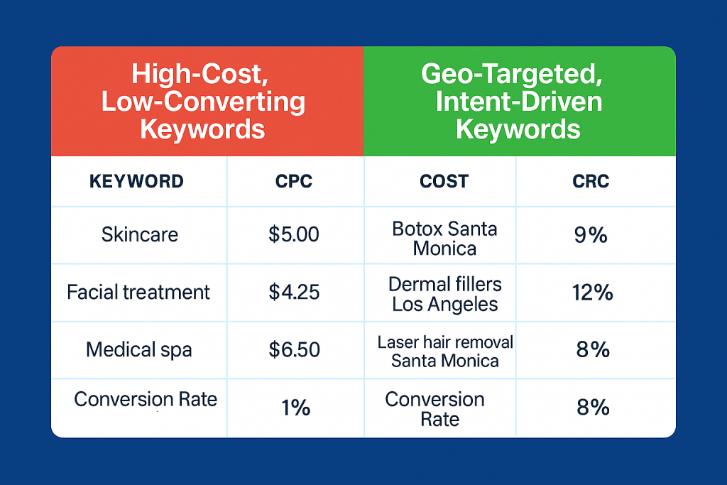 Keyword comparison table showing high-cost low-converting vs. geo-targeted intent-driven keywords
