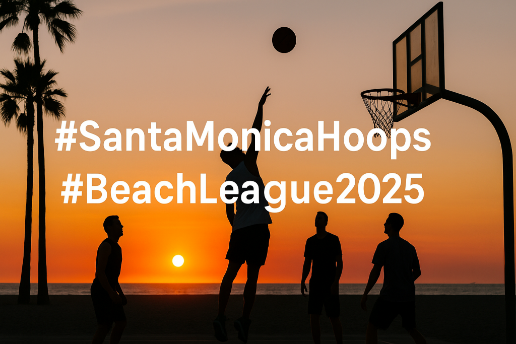 Lifestyle shot of sunset beach basketball with hashtag overlay — #SantaMonicaHoops #BeachLeague2025