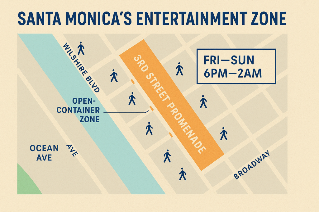 Map overlay of the 3rd Street Promenade with highlighted open-container zone, time labels, and foot traffic icons