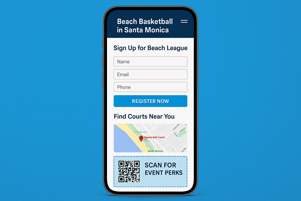 Mobile-optimized landing page mockup showing a registration form, embedded court map, and QR promo banner for event perks