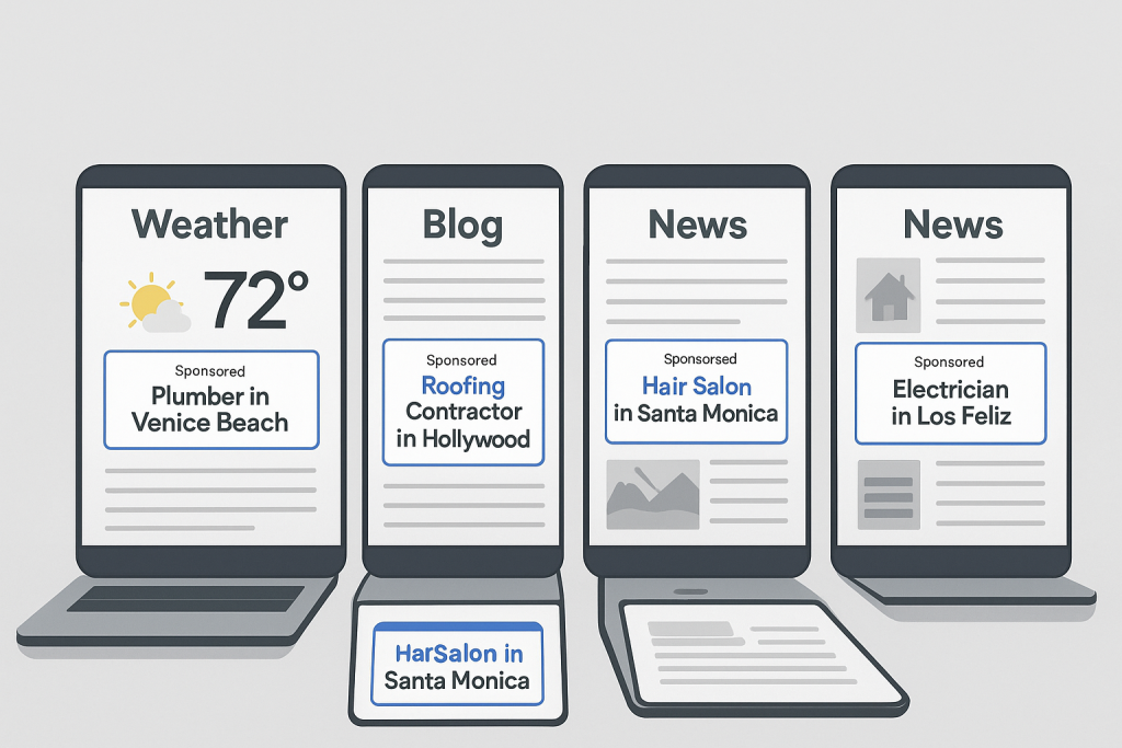Multi-screen display of contextual ad previews over different types of content (weather, blogs, news), each tagged by LA neighborhood.