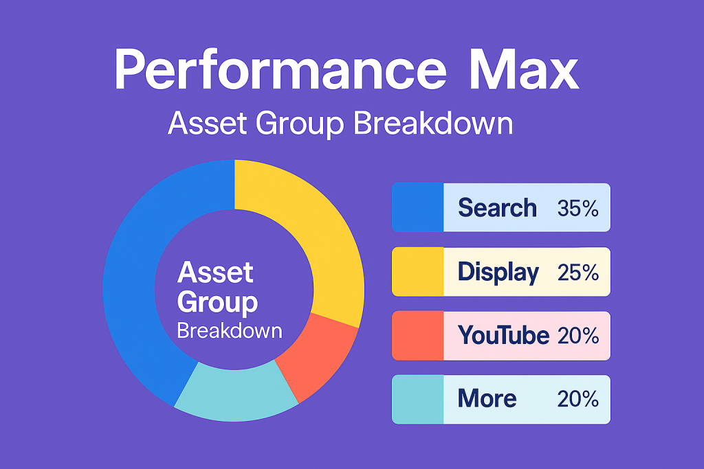 Performance Max asset group breakdown screenshot or a mockup showing channel mix