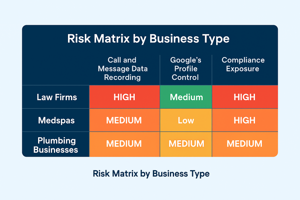 Risk matrix comparing industries (Law, Medspa, Plumbing) with risk levels across call data, content control, and compliance exposure
