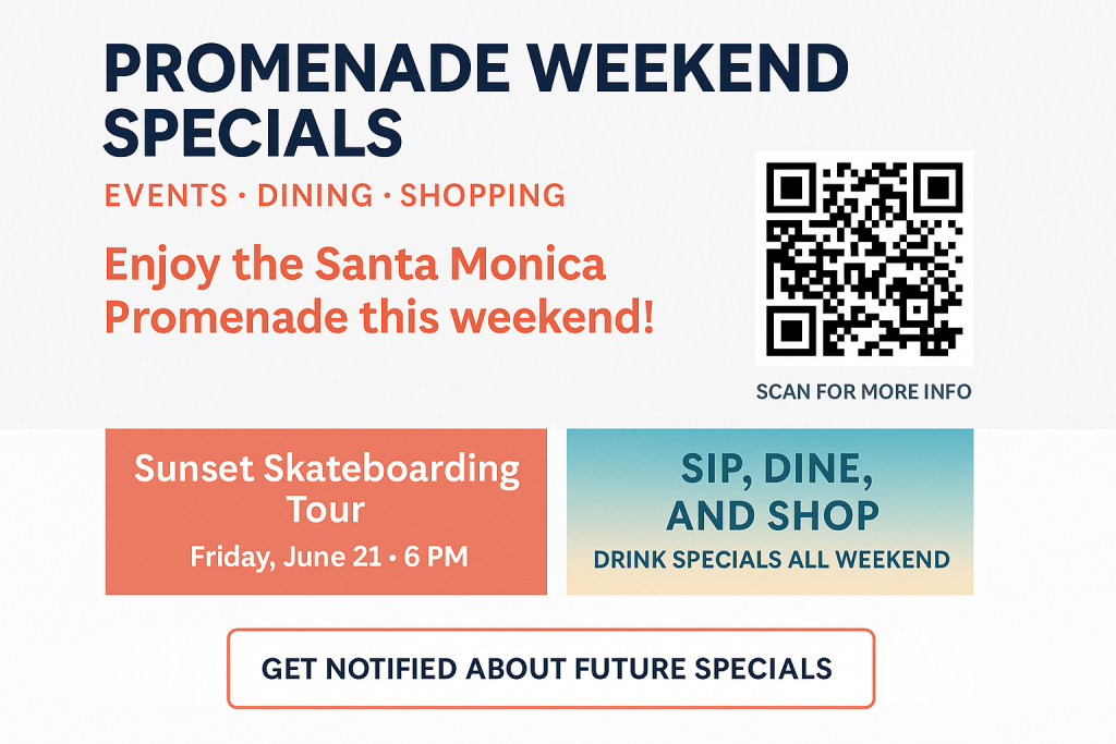 Screenshot of landing page with QR code and promo banners specific to Santa Monica Promenade events