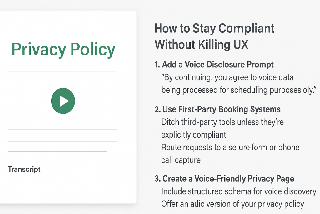 Screenshot or mockup of a medspa's voice privacy page with play button and transcript