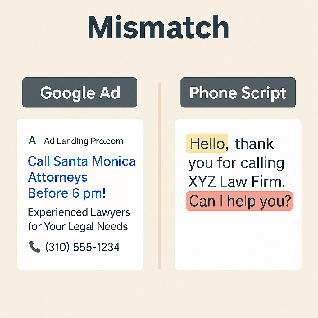 Side-by-side split of a Google Ad and a phone script transcript with red-yellow highlights showing mismatch