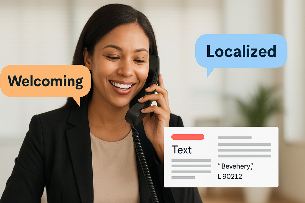 Smiling receptionist at phone with call bubbles showing tone words like “welcoming” and “localized”