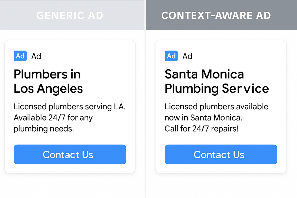 Split ad examples—left with generic copy, right with context-aware version tailored to LA neighborhood and content