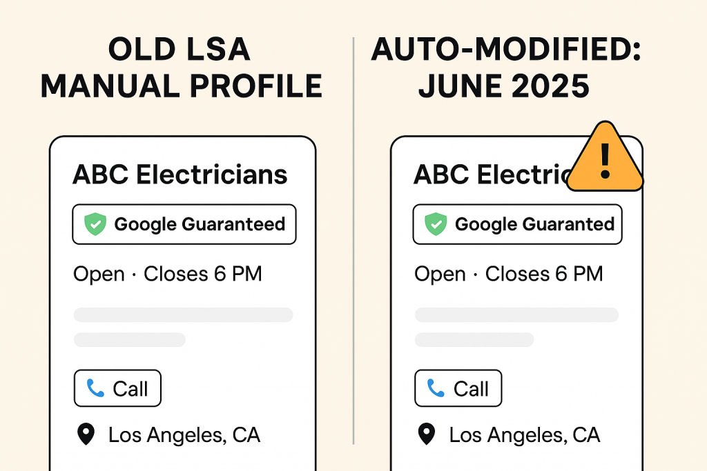 Split-screen graphic—left side showing old LSA manual profile; right side showing auto-modified version with warning tag