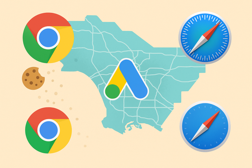 Stylized map showing browser logos with cookie icons fading, overlaid with a Google Ads logo