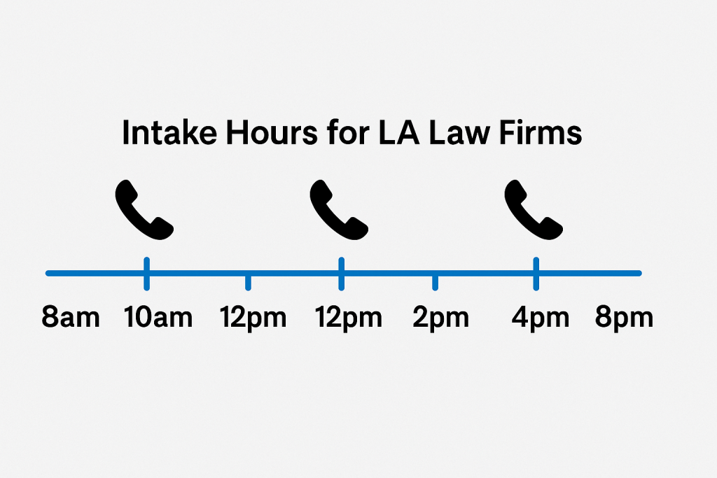Timeline graphic showing hours 8am–8pm with phone icons during peak intake hours for LA law firms