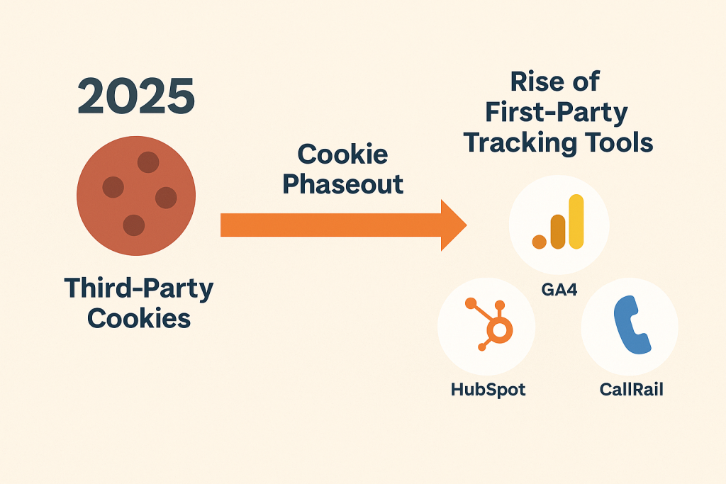 Timeline showing cookie phaseout and rise of first-party tracking tools like GA4, HubSpot, CallRail