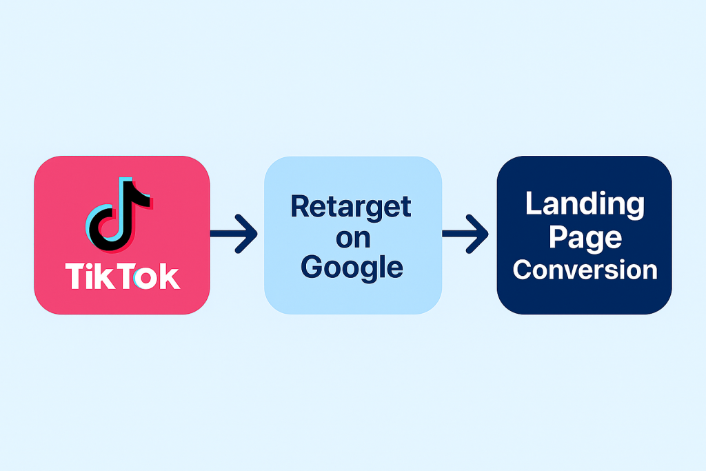Visual flowchart TikTok → Retarget on Google → Landing page conversion.