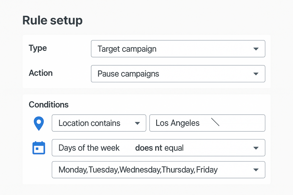 Visual mockup of Google Ads rule setup for LA location or schedule targeting