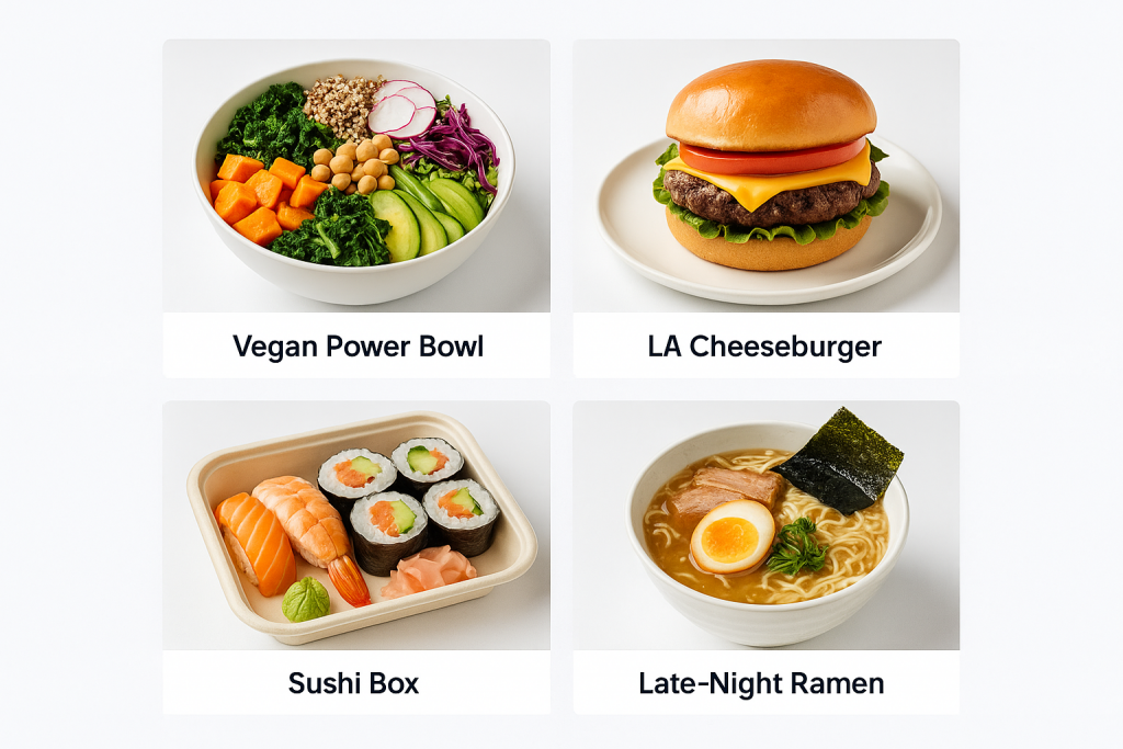 A clean 2×2 photo grid of menu items with hover-state descriptions