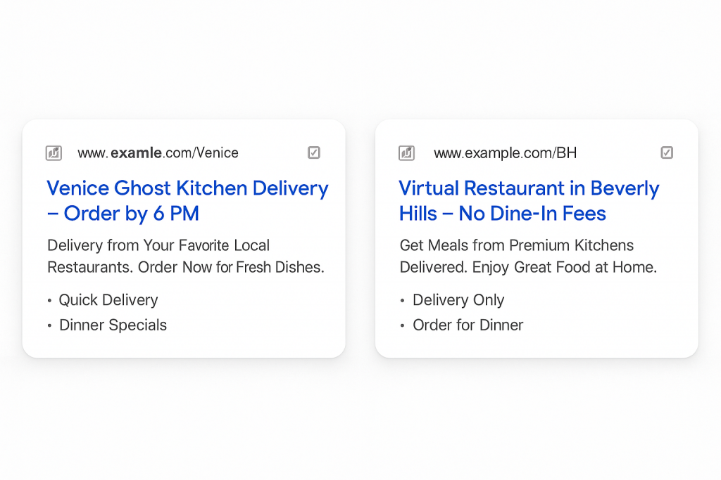A side-by-side screenshot of two search ads—one following “Headline 1” and another with “Headline 2”—highlighting how location and value props differ