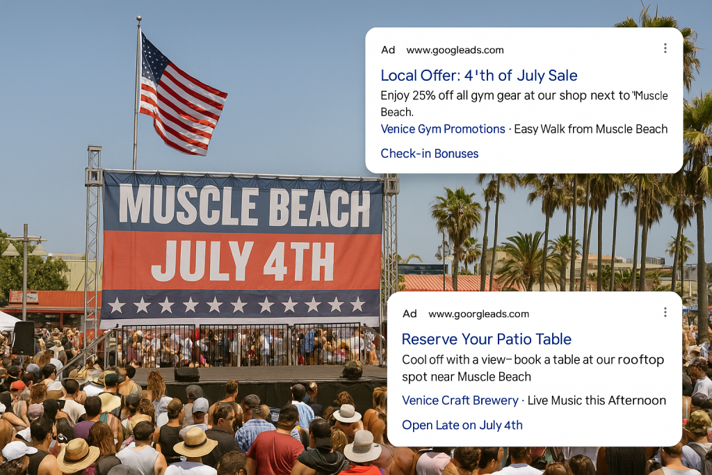 A wide shot of Muscle Beach’s crowd and banners during July 4th, with Google Ad overlays promoting nearby businesses.