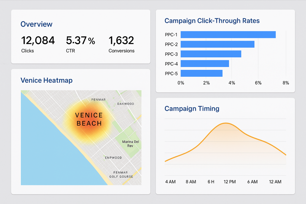 Analytics dashboard showing campaign CTRs, Venice Beach heatmap, and campaign timing chart.