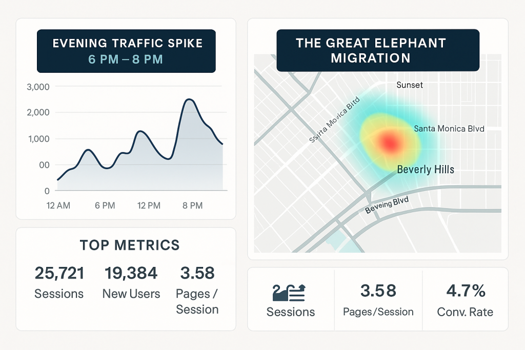 Analytics dashboard with Beverly Hills map heatmap + evening traffic spikes