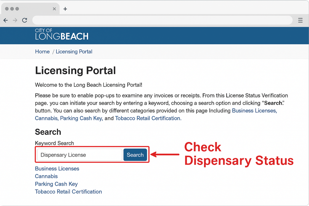 Annotated screenshot of the Long Beach Licensing Portal homepage, highlighting where to check dispensary status.