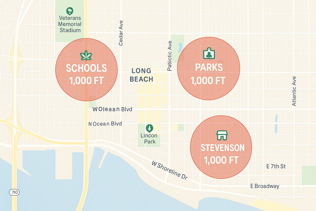 City map with 1,000-ft buffer circles overlayed on schools and parks.