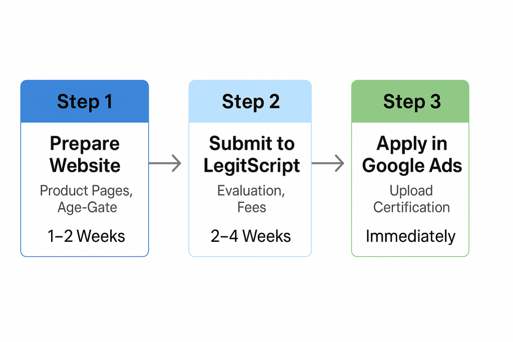 Flowchart of the three LegitScript steps with timelines.