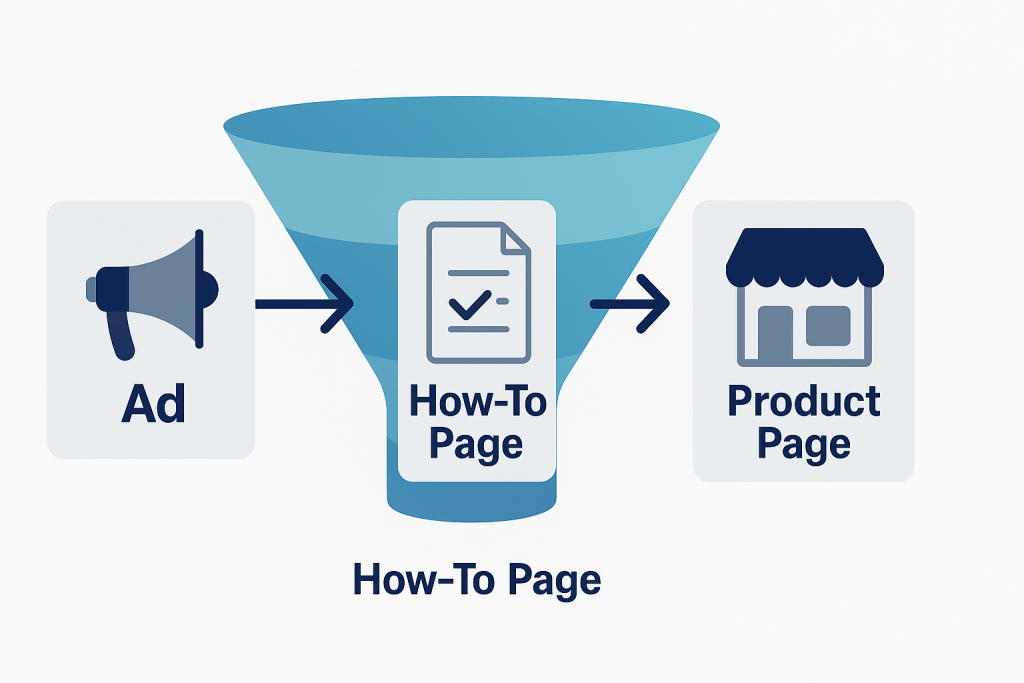 Funnel diagram Ad → HowTo Page → Product Page