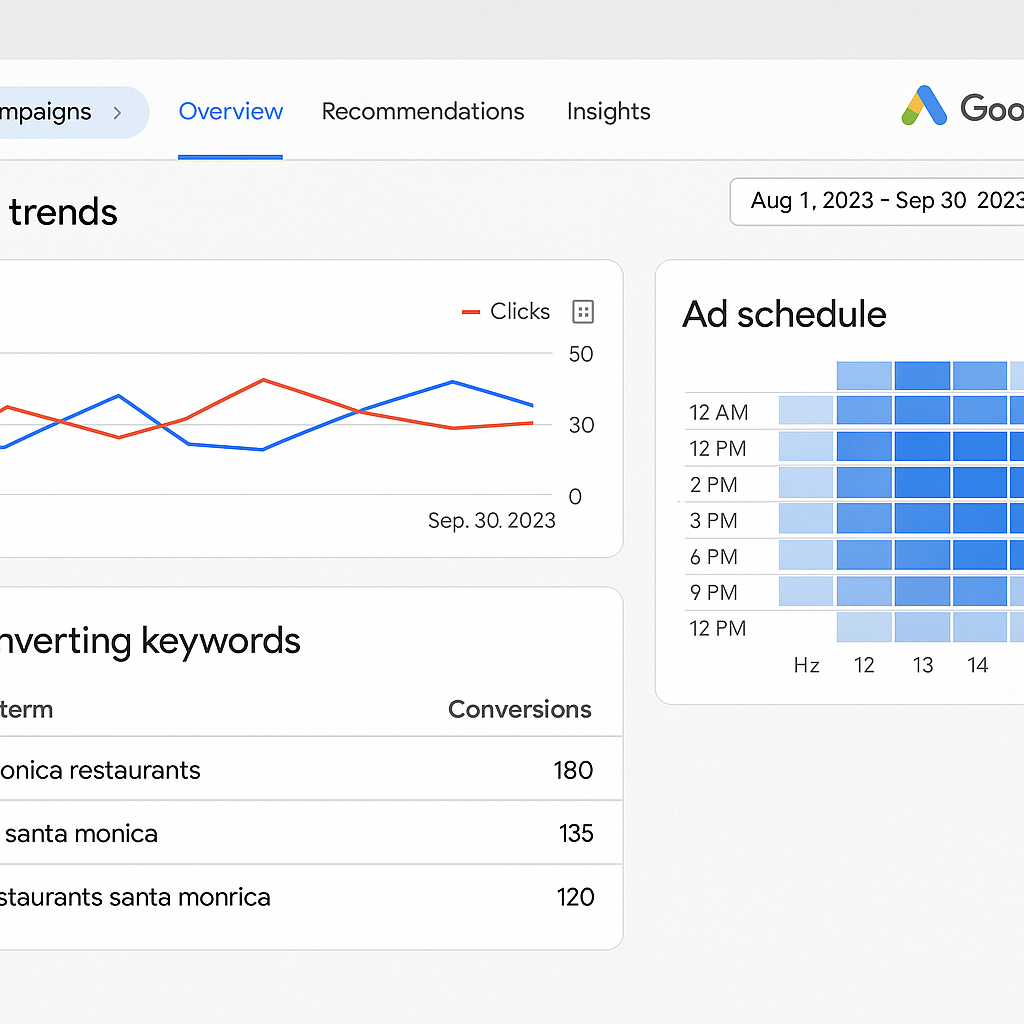 Google Ads dashboard showing search trends, ad schedule heatmaps, and top converting keywords