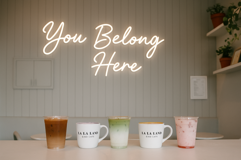 Interior photo featuring aesthetic drink lineup and the You Belong Here neon sign.