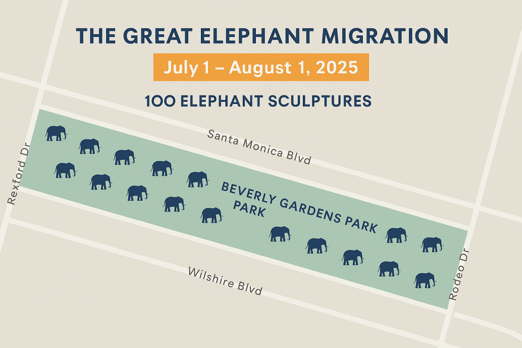 Map overlay with elephant icons along Beverly Gardens Park + exhibit dates