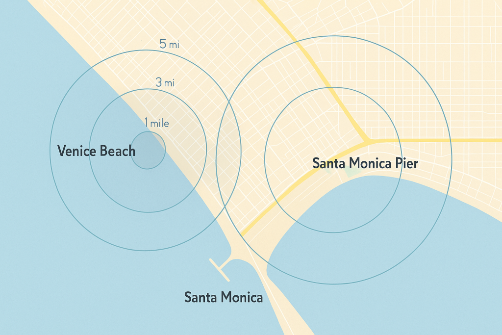 Map with three circles around each focal point, and one midpoint circle overlapping both