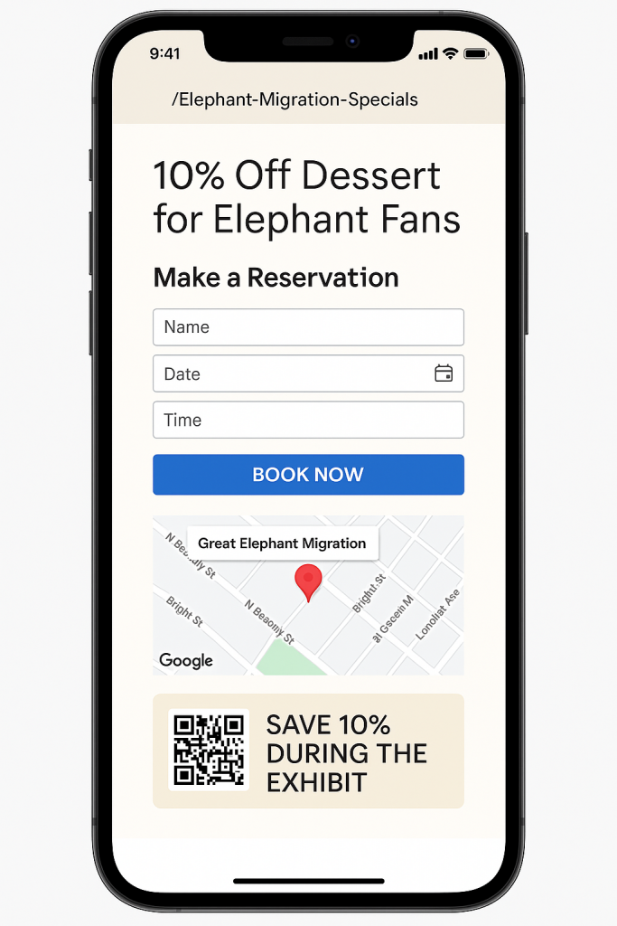 Mobile-friendly landing page mockup with reservation form + map + QR promo code