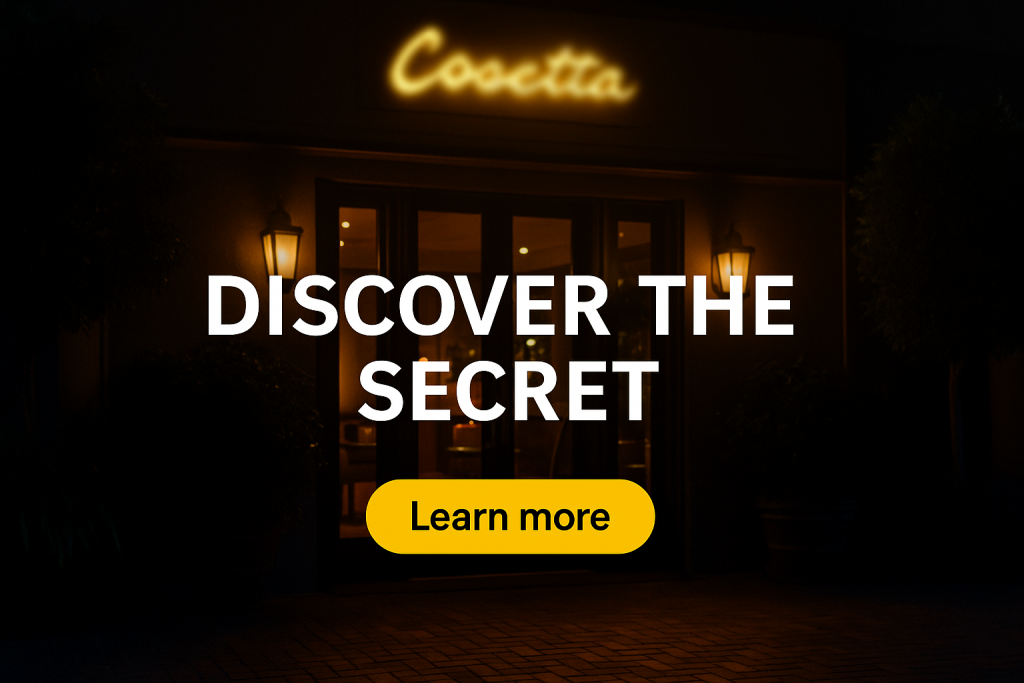 Nighttime image of a glowing entryway with vague signage + ad overlay “Discover the Secret”