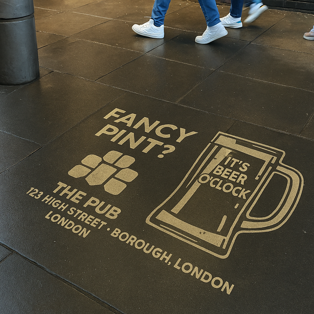 Reverse graffiti promoting a London pub — clean, cheeky, and effective.