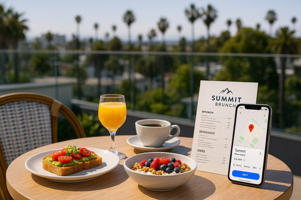 Rooftop breakfast table with a branded menu + phone screen showing Google Maps directions