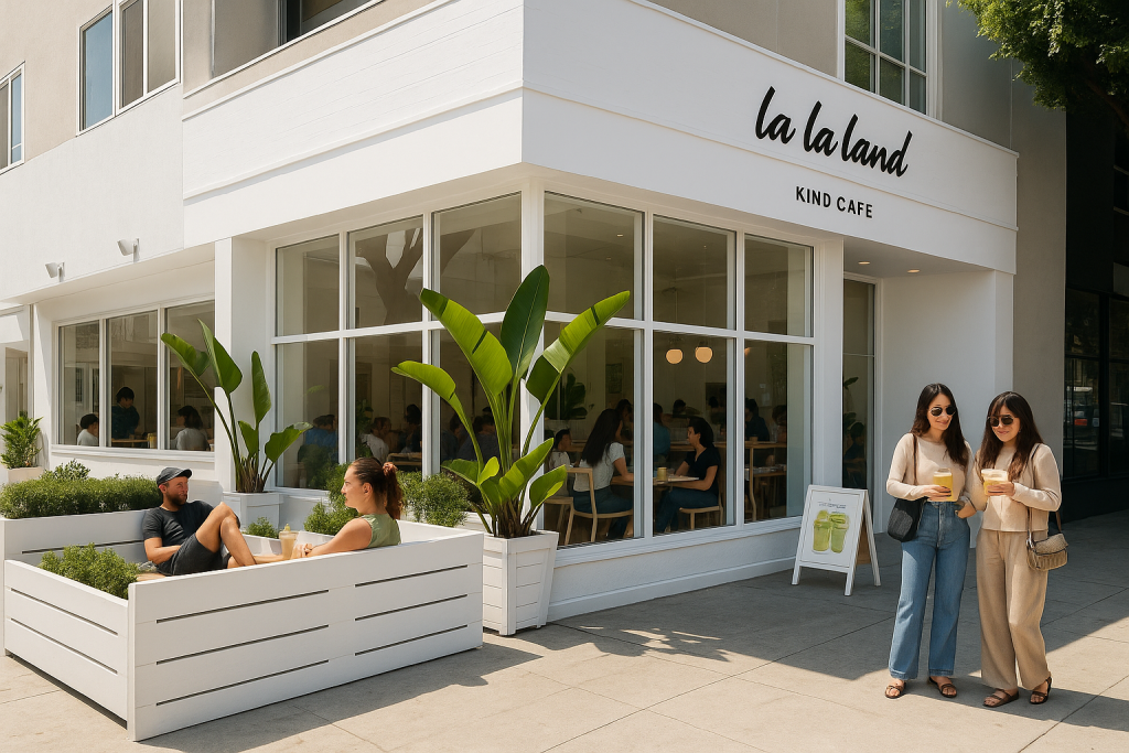 Wide-angle photo of the café exterior during golden hour with passing foot traffic.