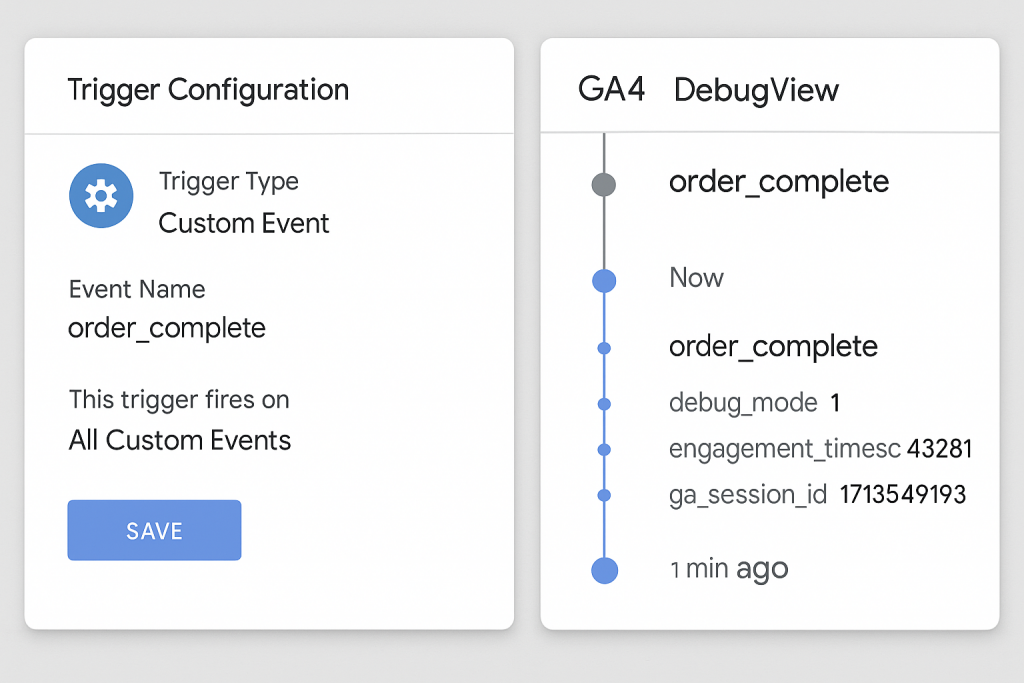 Screenshot of GTM’s “Trigger Configuration” for order_complete & GA4 DebugView showing the event.
