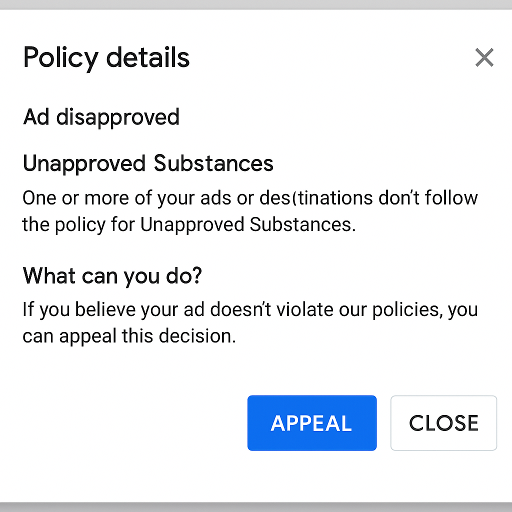 Screenshot of Google Ads “Policy details” popup with the “Appeal” button highlighted.